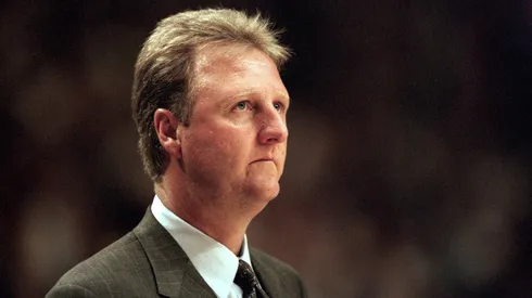 Head coach Larry Bird of the Indiana Pacers looks on during the game against the New York Knicks at Market Square Arena.