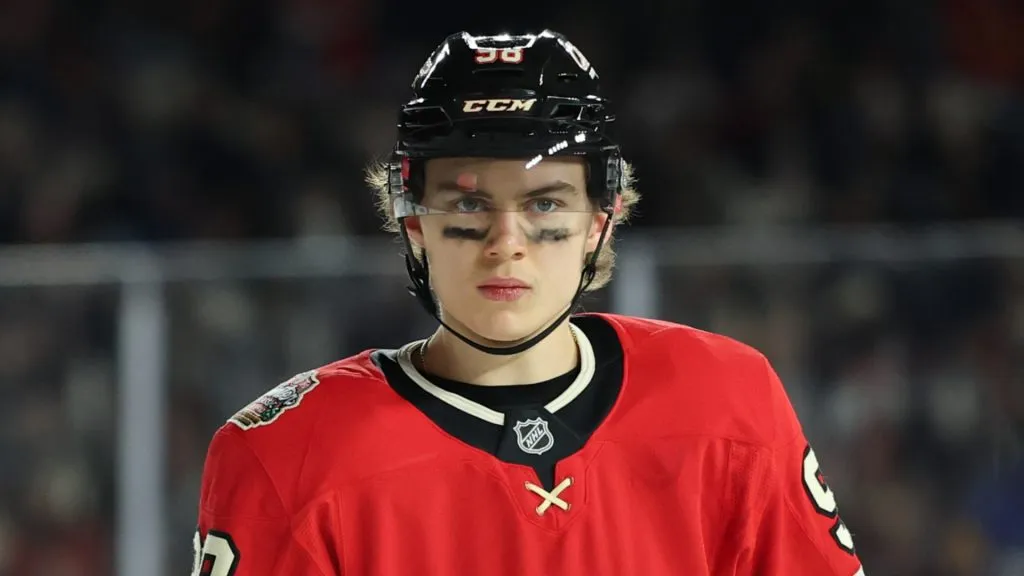 Connor Bedard #98 of the Chicago Blackhawks looks on during the second period against the St. Louis Blues in the 2024 NHL Winter Classic at Wrigley Field on December 31, 2024 in Chicago, Illinois.