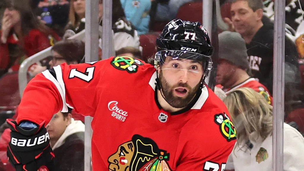 Patrick Maroon #77 of the Chicago Blackhawks skates with the puck against the Winnipeg Jets during the second period at the United Center on December 07, 2024 in Chicago, Illinois.