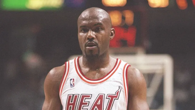 Guard Tim Hardaway of the Miami Heat stands on the court during a game against the Philadelphia 76ers