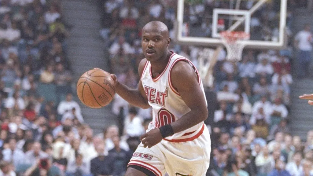 Guard Tim Hardaway of the Miami Heat dribbles the ball down the court during a playoff game against the New York Knicks