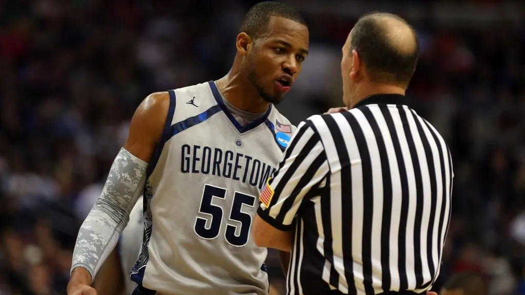 Jabril Trawick #55 of the Georgetown Hoyas talks to a referee in the second half against the Florida Gulf Coast Eagles during the second round of the 2013 NCAA Men’s Basketball Tournament. (Source: Elsa/Getty Images)