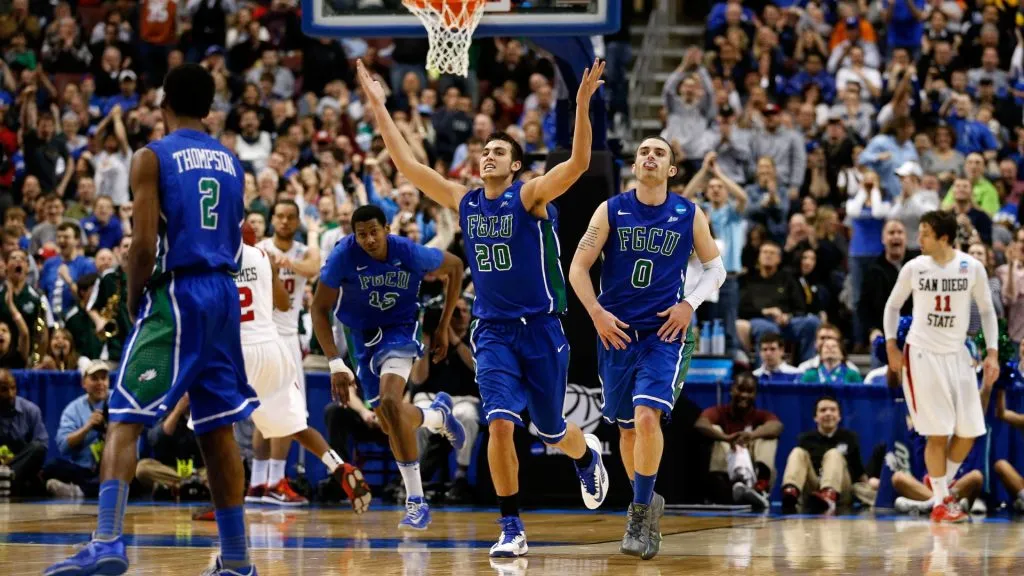 Chase Fieler and Brett Comer celebrate in the second half while taking on the San Diego State Aztecs during the third round of the 2013 NCAA Men’s Basketball Tournament. (Source: Rob Carr/Getty Images)