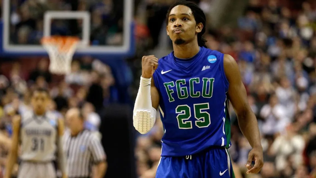 Sherwood Brown #25 of the Florida Gulf Coast Eagles celebrates late in the second half against the Georgetown Hoyas during the second round of the 2013 NCAA Men’s Basketball Tournament. (Source: Rob Carr/Getty Images)