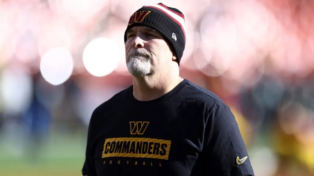 Head coach Dan Quinn of the Washington Commanders looks on prior to the game against the Philadelphia Eagles at Northwest Stadium on December 22, 2024. (Source: Timothy Nwachukwu/Getty Images)