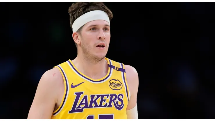 Austin Reaves #15 of the Los Angeles Lakers brings up the ball during a 111-102 Lakers win over the Minnesota Timberwolves at Crypto.com Arena on February 27, 2025 in Los Angeles, California.