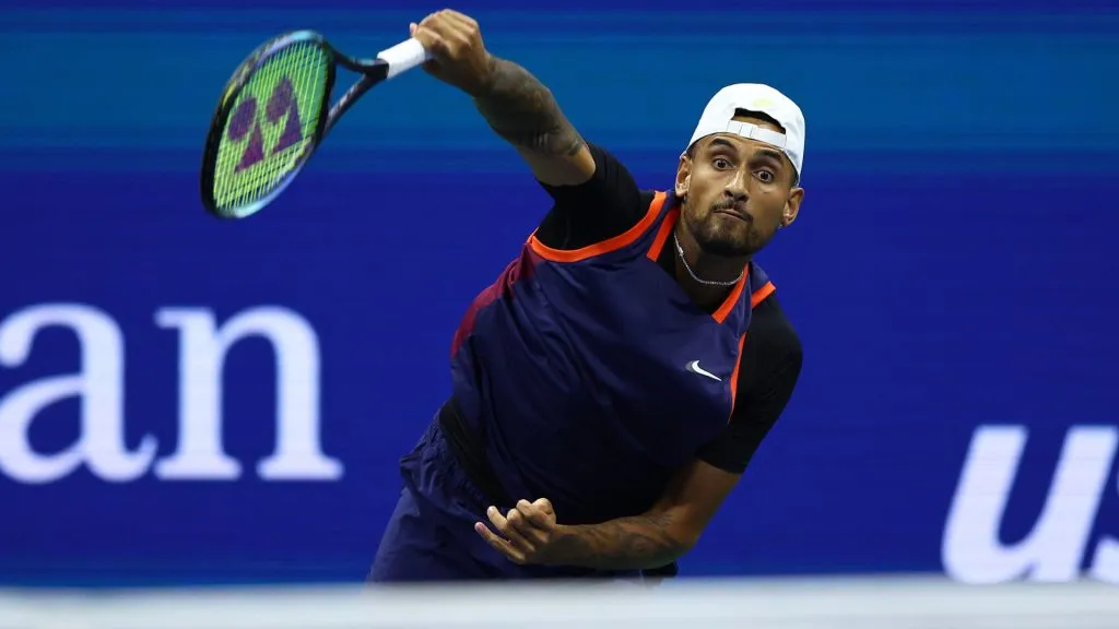 Nick Kyrgios of Australia serves against Karen Khachanov during their Men’s Singles Quarterfinal match of 2022 US Open. (Elsa/Getty Images)
