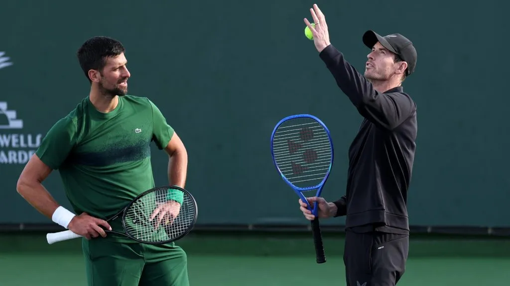Novak Djokovic and his coach Andy Murray working on his serve during a practice session at Indian Wells on March 06, 2025.