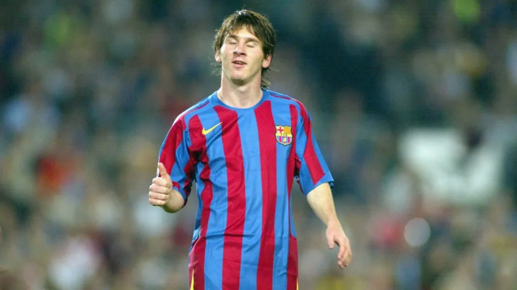 Lionel Messi gestures during the UEFA Champions League group C match between FC Barcelona and Panathinaikos at the Camp Nou stadium on 2005. (Luis Bagu/Getty Images)