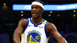 Jimmy Butler III #10 of the Golden State Warriors argues a call during the first half of a basketball game against the Charlotte Hornets at Spectrum Center on March 03, 2025 in Charlotte, North Carolina.