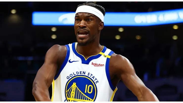 Jimmy Butler III #10 of the Golden State Warriors argues a call during the first half of a basketball game against the Charlotte Hornets at Spectrum Center on March 03, 2025 in Charlotte, North Carolina.