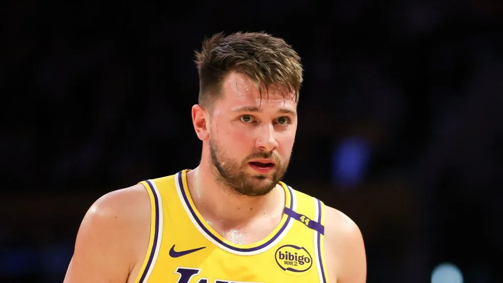 Luka Doncic #77 of the Los Angeles Lakers speaks with a referee during the first half against the New York Knicks
