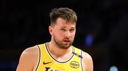 Luka Doncic #77 of the Los Angeles Lakers speaks with a referee during the first half against the New York Knicks
