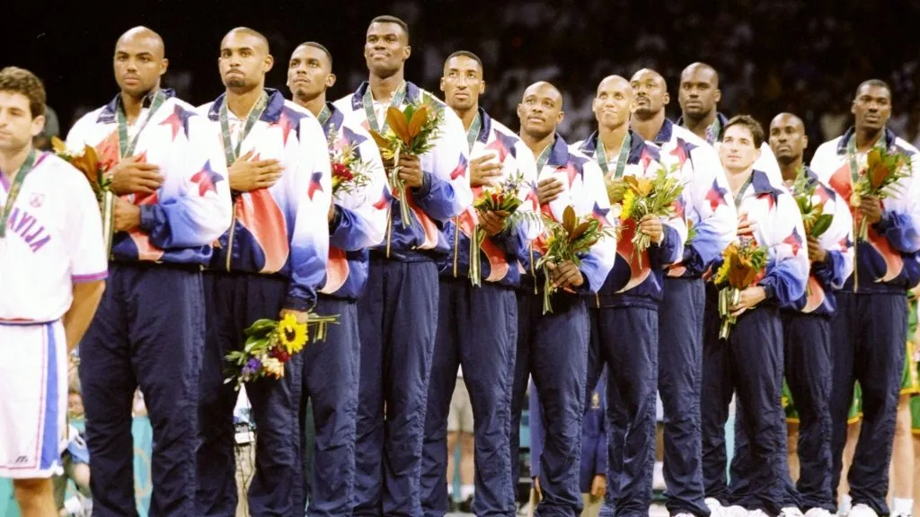 United States men”s basketball team line up after the decisive match against Yugoslavia at the 1996 Summer Olympics in Atlanta, Georgia.