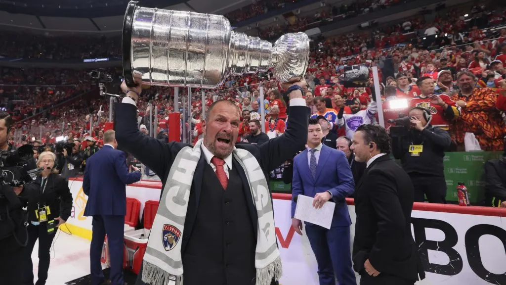 Bill Zito of the Florida Panthers celebrates with the Stanley Cup following a 2-1 victory over the Edmonton Oilers in Game Seven of the 2024 NHL Stanley Cup Final at Amerant Bank Arena on June 24, 2024 in Sunrise, Florida. (Photo by Bruce Bennett/Getty Images)