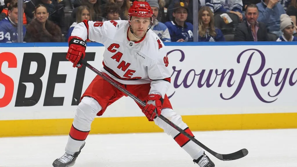 Mikko Rantanen #96 of the Carolina Hurricanes skates against the Toronto Maple Leafs during the first period in an NHL game at Scotiabank Arena on February 22, 2025 in Toronto, Ontario, Canada. (Photo by Claus Andersen/Getty Images)