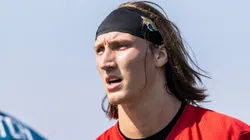 Trevor Lawrence #16 of the Jacksonville Jaguars looks on during Training Camp at TIAA Bank Field on July 28, 2021 in Jacksonville, Florida.