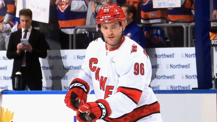 Mikko Rantanen #96 of the Carolina Hurricanes warms up prior to a game against the New York Islanders at UBS Arena on January 25, 2025 in Elmont, New York.