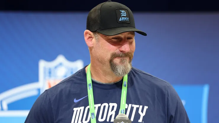 Head coach Dan Campbell of the Detroit Lions speaks to the media during the NFL Scouting Combine at the Indiana Convention Center on February 25, 2025 in Indianapolis, Indiana.