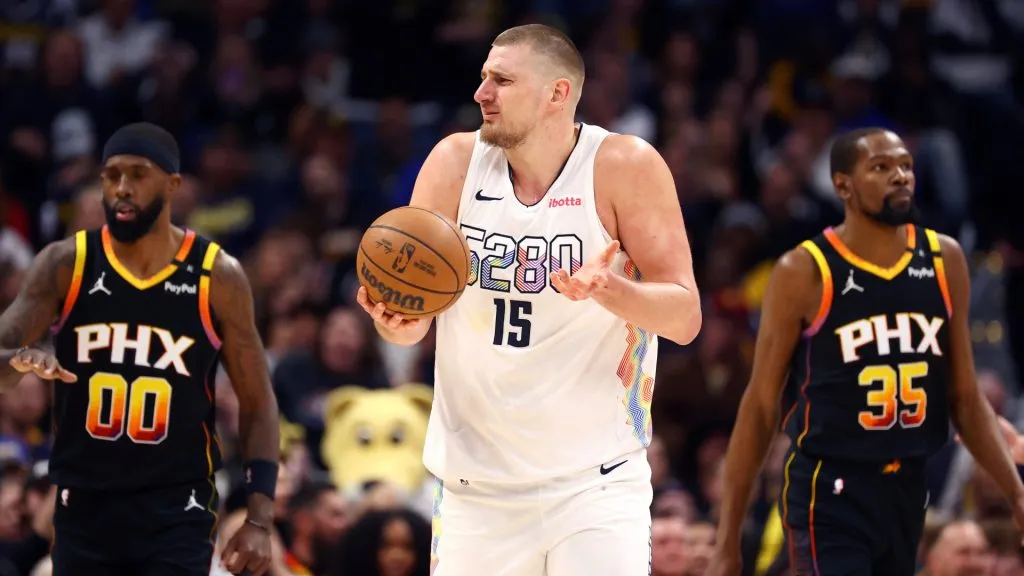 Nikola Jokic #15 of the Denver Nuggets reacts during the fourth quarter in a game against Phoenix Suns at Ball Arena. (Tyler McFarland/Clarkson Creative/Getty Images)