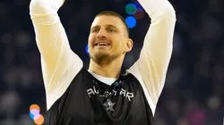 Nikola Jokic #15 of the Denver Nuggets and Chuck's Global Stars and Karl-Anthony Towns #32 of the New York Knicks and Chuck's Global Stars talk during 2025 NBA All-Star Practice & Media Availability at Oakland Arena on February 15, 2025 in Oakland, California.
