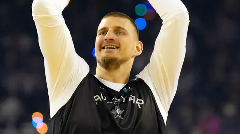 Nikola Jokic #15 of the Denver Nuggets and Chuck's Global Stars and Karl-Anthony Towns #32 of the New York Knicks and Chuck's Global Stars talk during 2025 NBA All-Star Practice & Media Availability at Oakland Arena on February 15, 2025 in Oakland, California.