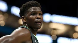 Anthony Edwards #5 of the Minnesota Timberwolves looks on during the first half of the game against the Charlotte Hornets.
