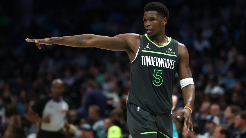 Anthony Edwards #5 of the Minnesota Timberwolves reacts during the second half of the game against the Charlotte Hornets at Spectrum Center. (Jared C. Tilton/Getty Images)