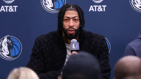 Anthony Davis speaks with the media during a press conference at the Dallas Mavericks Practice Facility on February 7, 2025 in Dallas, Texas.