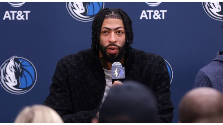 Anthony Davis speaks with the media during a press conference at the Dallas Mavericks Practice Facility on February 7, 2025 in Dallas, Texas.