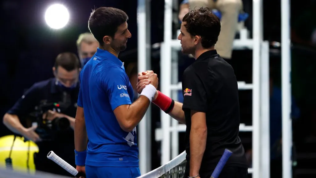 Dominic Thiem of Austria reacts at the net after winning his singles semi final match against Novak Djokovic of Serbia during day seven of the Nitto ATP World Tour Finals. (Clive Brunskill/Getty Images)