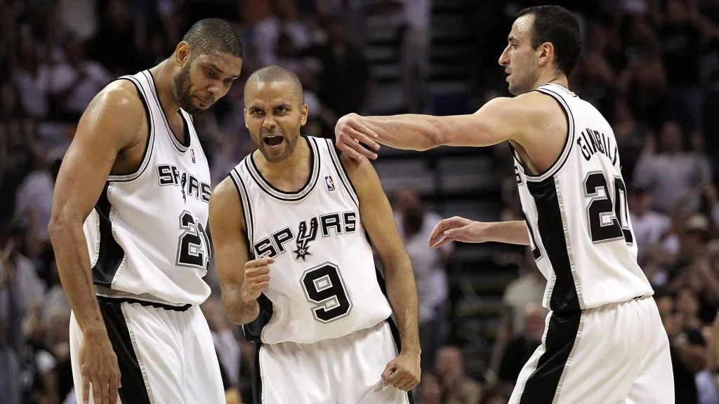 San Antonio Spurs stars Tim Duncan, Tony Parker and Emanuel Ginobili during the 2009-10 NBA season.