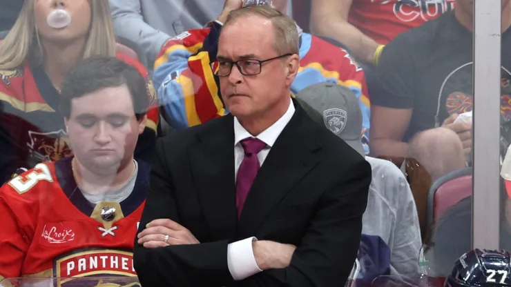 Florida Panthers head coach Paul Maurice looks on during the second period against the Edmonton Oilers in Game Five of the 2024 Stanley Cup Final at Amerant Bank Arena on June 18, 2024 in Sunrise, Florida.