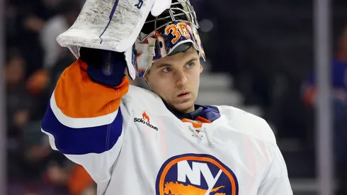 Ilya Sorokin #30 of the New York Islanders looks on during a game against the Philadelphia Flyers at the Wells Fargo Center on January 30, 2025 in Philadelphia, Pennsylvania.