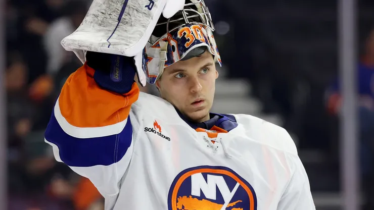 Ilya Sorokin #30 of the New York Islanders looks on during a game against the Philadelphia Flyers at the Wells Fargo Center on January 30, 2025 in Philadelphia, Pennsylvania.