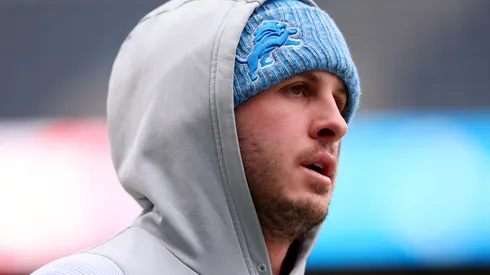 Jared Goff #16 of the Detroit Lions looks on before the game against the Chicago Bears at Soldier Field on December 10, 2023 in Chicago, Illinois.