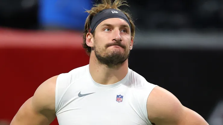 Joey Bosa #97 of the Los Angeles Chargers looks on before the game against the Atlanta Falcons at Mercedes-Benz Stadium on December 01, 2024 in Atlanta, Georgia.