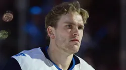 Mikko Rantanen #96 of Team Finland stands at attention during the national anthems prior to the game against Team Sweden in the 4 Nations Face-Off game at the Bell Centre on February 15, 2025 in Montreal, Quebec, Canada.