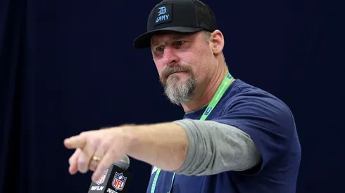 Head coach Dan Campbell of the Detroit Lions speaks to the media during the NFL Scouting Combine at the Indiana Convention Center on February 25, 2025 in Indianapolis, Indiana.