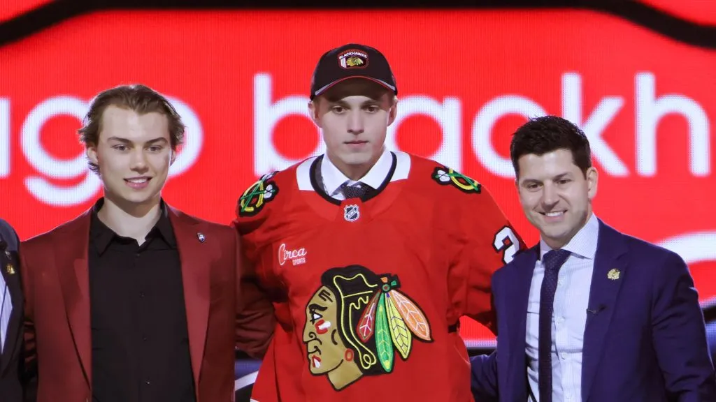 Artyom Levshunov is selected by the Chicago Blackhawks with the second overall pick during the first round of the 2024 Upper Deck NHL Draft at Sphere on June 28, 2024 in Las Vegas, Nevada.