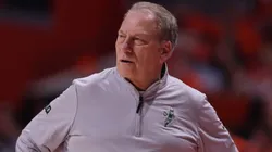 Head coach Tom Izzo of the Michigan State Spartans reacts against the Illinois Fighting Illini during the second half at State Farm Center on February 15, 2025 in Champaign, Illinois.
