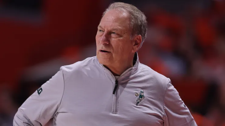 Head coach Tom Izzo of the Michigan State Spartans reacts against the Illinois Fighting Illini during the second half at State Farm Center on February 15, 2025 in Champaign, Illinois.