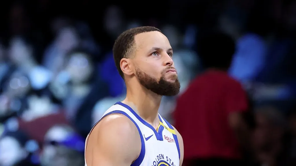 Stephen Curry #30 of the Golden State Warriors reacts in the first half against the Brooklyn Nets