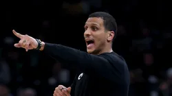 Head coach Joe Mazzulla of the Boston Celtics directs his players during the second half against the Los Angeles Lakers