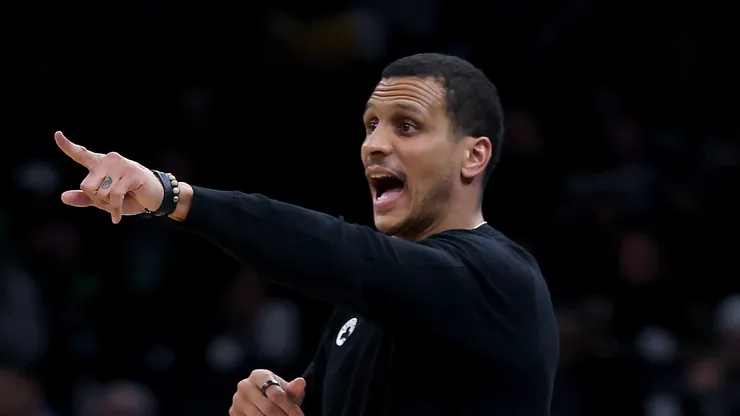 Head coach Joe Mazzulla of the Boston Celtics directs his players during the second half against the Los Angeles Lakers