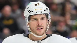 Sidney Crosby #87 of the Pittsburgh Penguins waits for a faceoff in the second period of a game against the Vegas Golden Knights at T-Mobile Arena on March 07, 2025 in Las Vegas, Nevada.