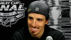 Marc-Andre Fleury #29 of the Pittsburgh Penguins answers questions during Media Day for the 2017 NHL Stanley Cup Final at PPG PAINTS Arena on May 28, 2017 in Pittsburgh, Pennsylvania.
