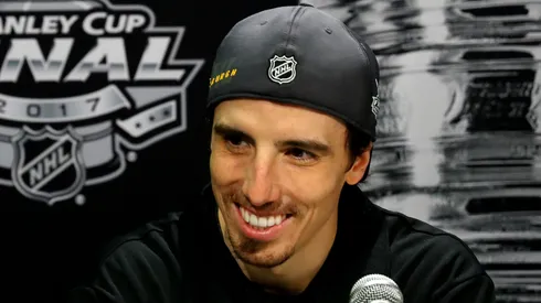 Marc-Andre Fleury #29 of the Pittsburgh Penguins answers questions during Media Day for the 2017 NHL Stanley Cup Final at PPG PAINTS Arena on May 28, 2017 in Pittsburgh, Pennsylvania.