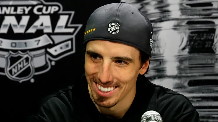 Marc-Andre Fleury #29 of the Pittsburgh Penguins answers questions during Media Day for the 2017 NHL Stanley Cup Final at PPG PAINTS Arena on May 28, 2017 in Pittsburgh, Pennsylvania.