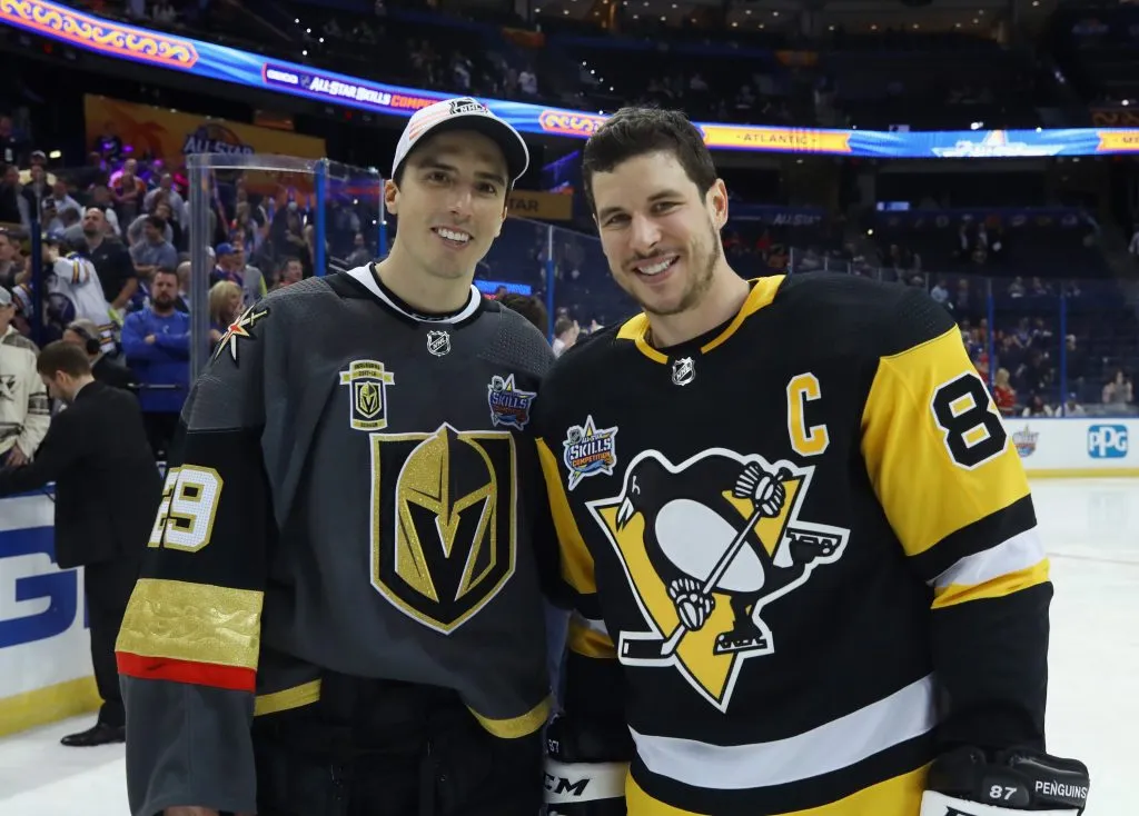 TAMPA, FL – JANUARY 27: Marc-Andre Fleury #29 of the Vegas Golden Knights and Sidney Crosby #87 of the Pittsburgh Penguins pose during the Honda NHL Accuracy Shooting during the 2018 GEICO NHL All-Star Skills Competition at Amalie Arena on January 27, 2018 in Tampa, Florida.  (Photo by Bruce Bennett/Getty Images)